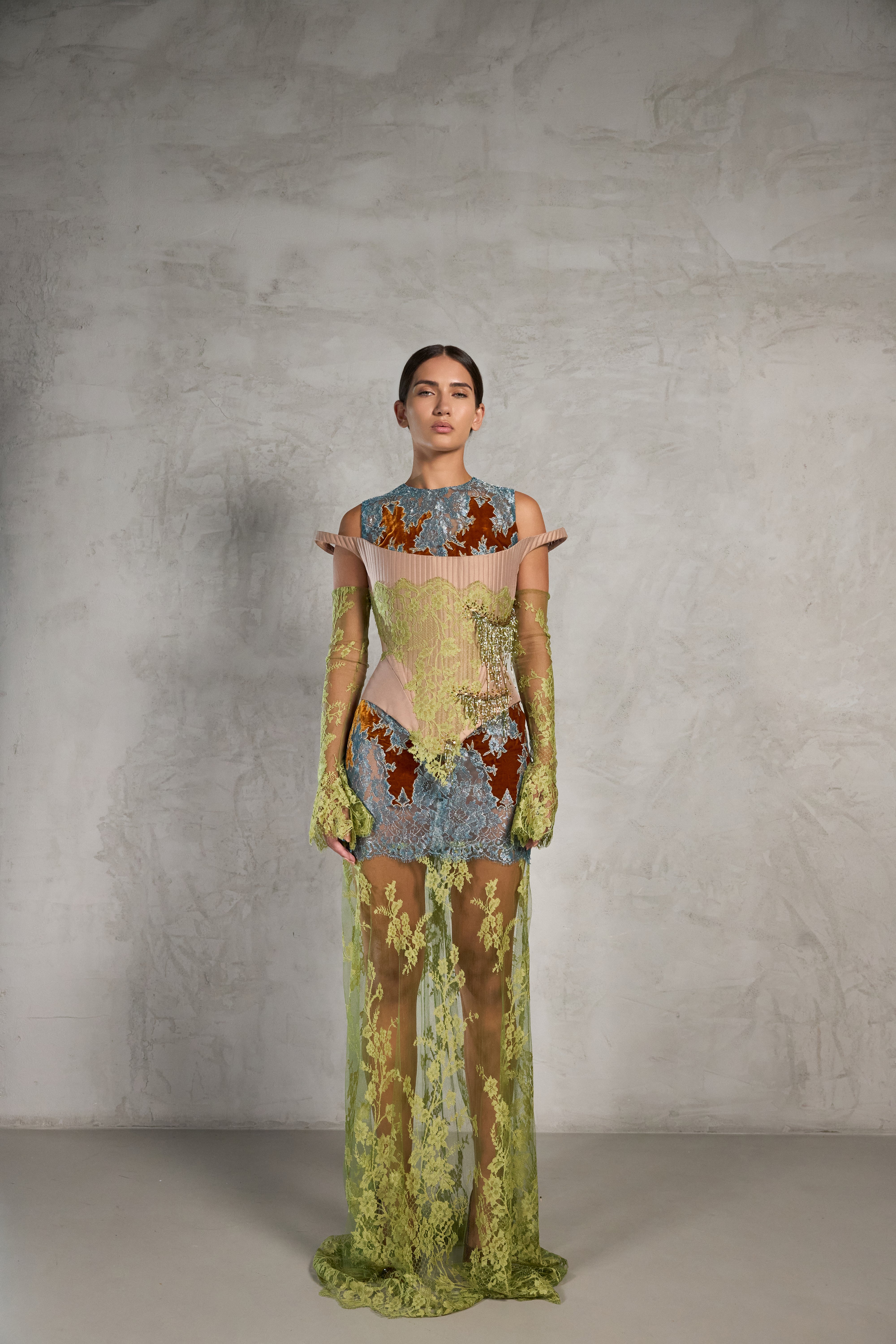 Corseted Multi-Colour Lace Dress