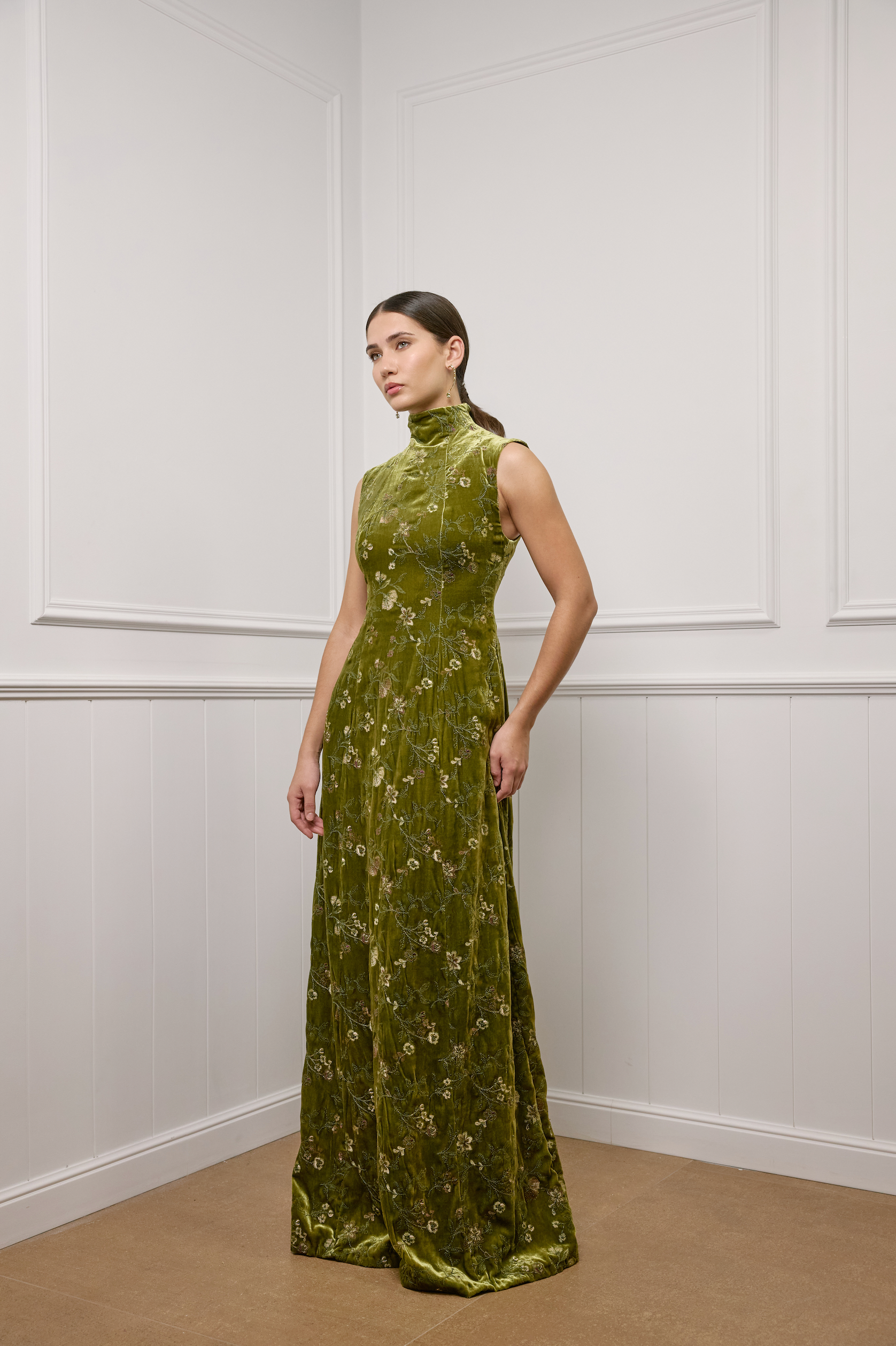 Embroidered Gown in Moss