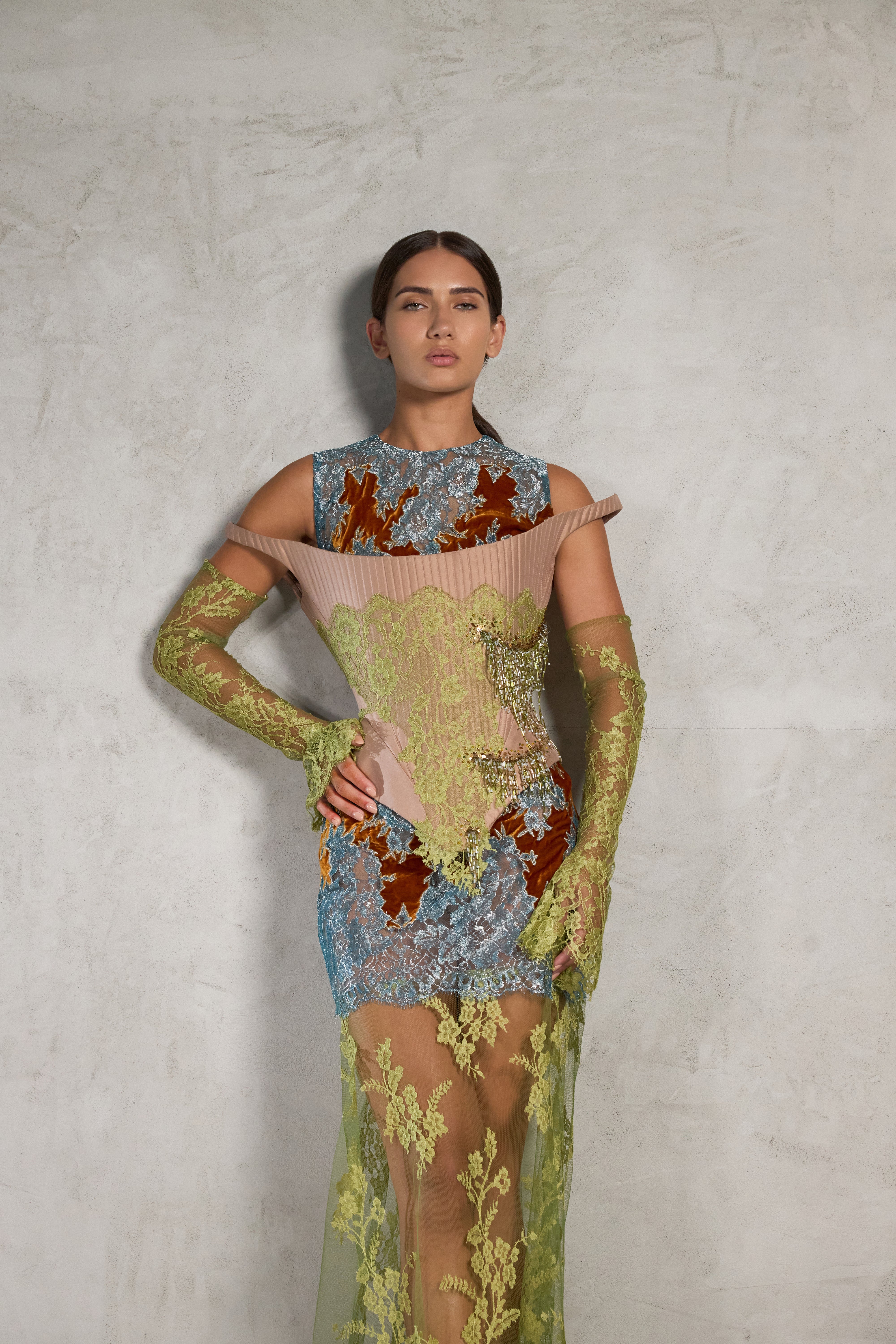 Corseted Multi-Colour Lace Dress