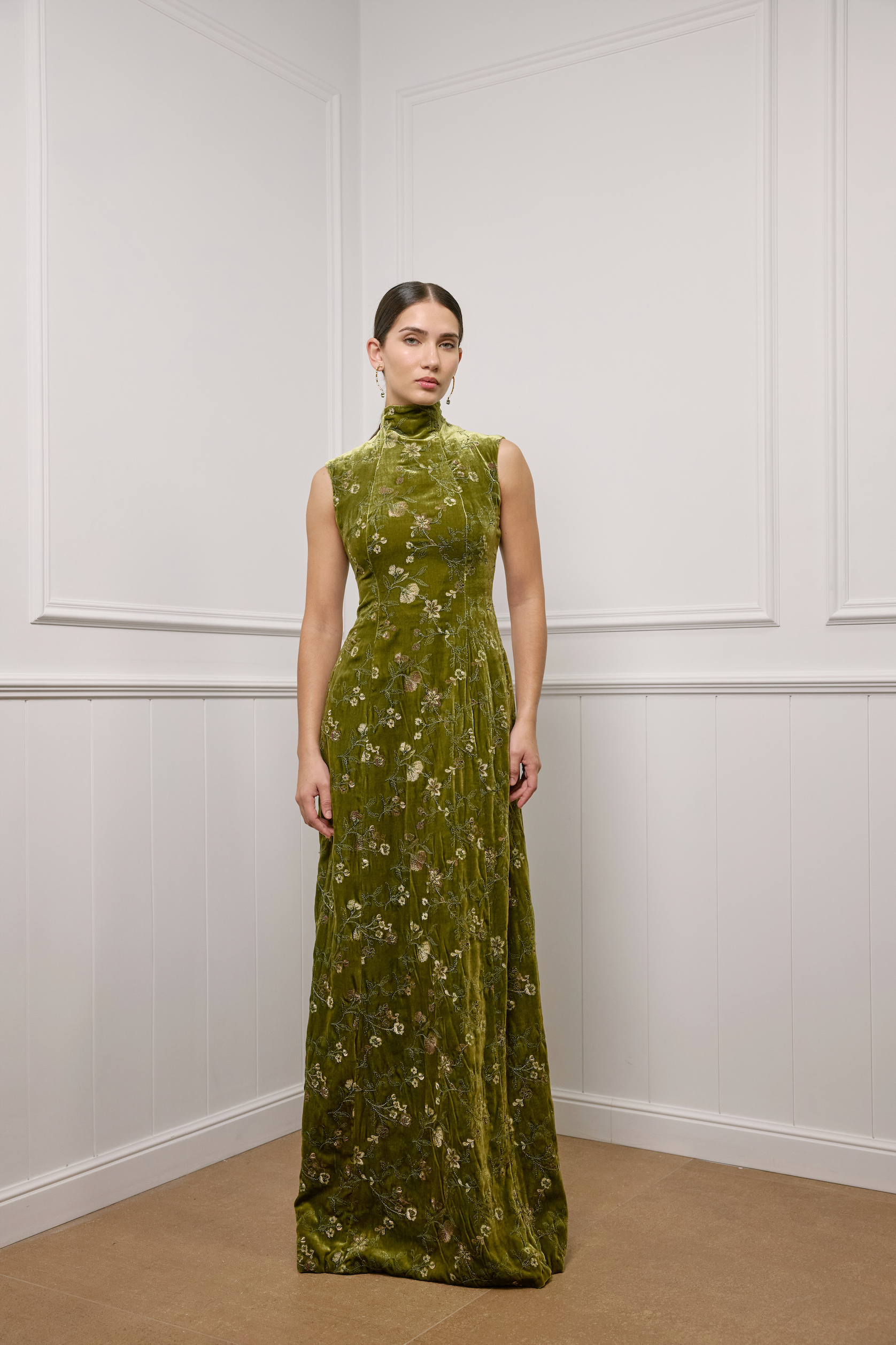 Embroidered Gown in Moss
